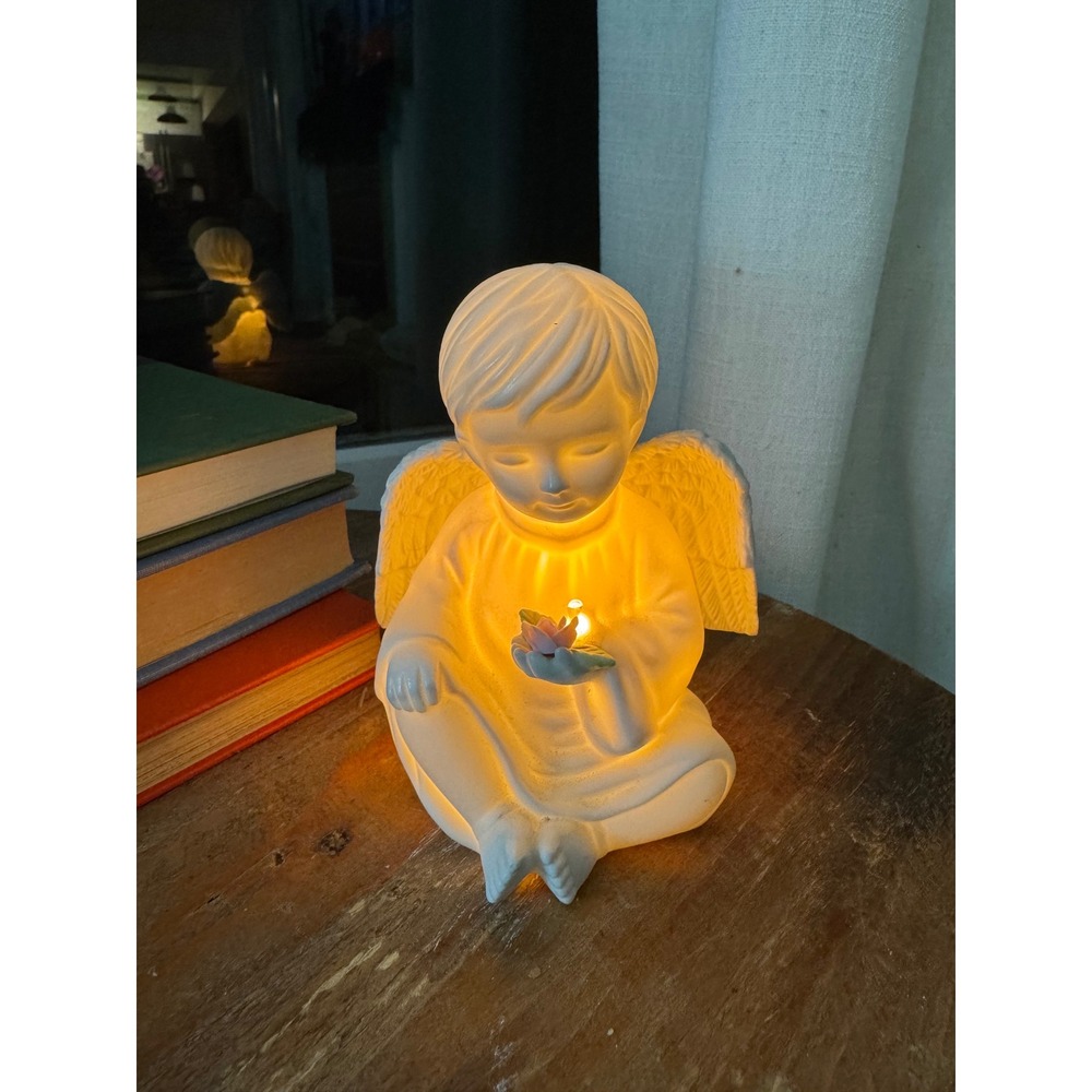Vintage Bisque Porcelain Angel Cherub Night Light Sitting with Pink Rose White